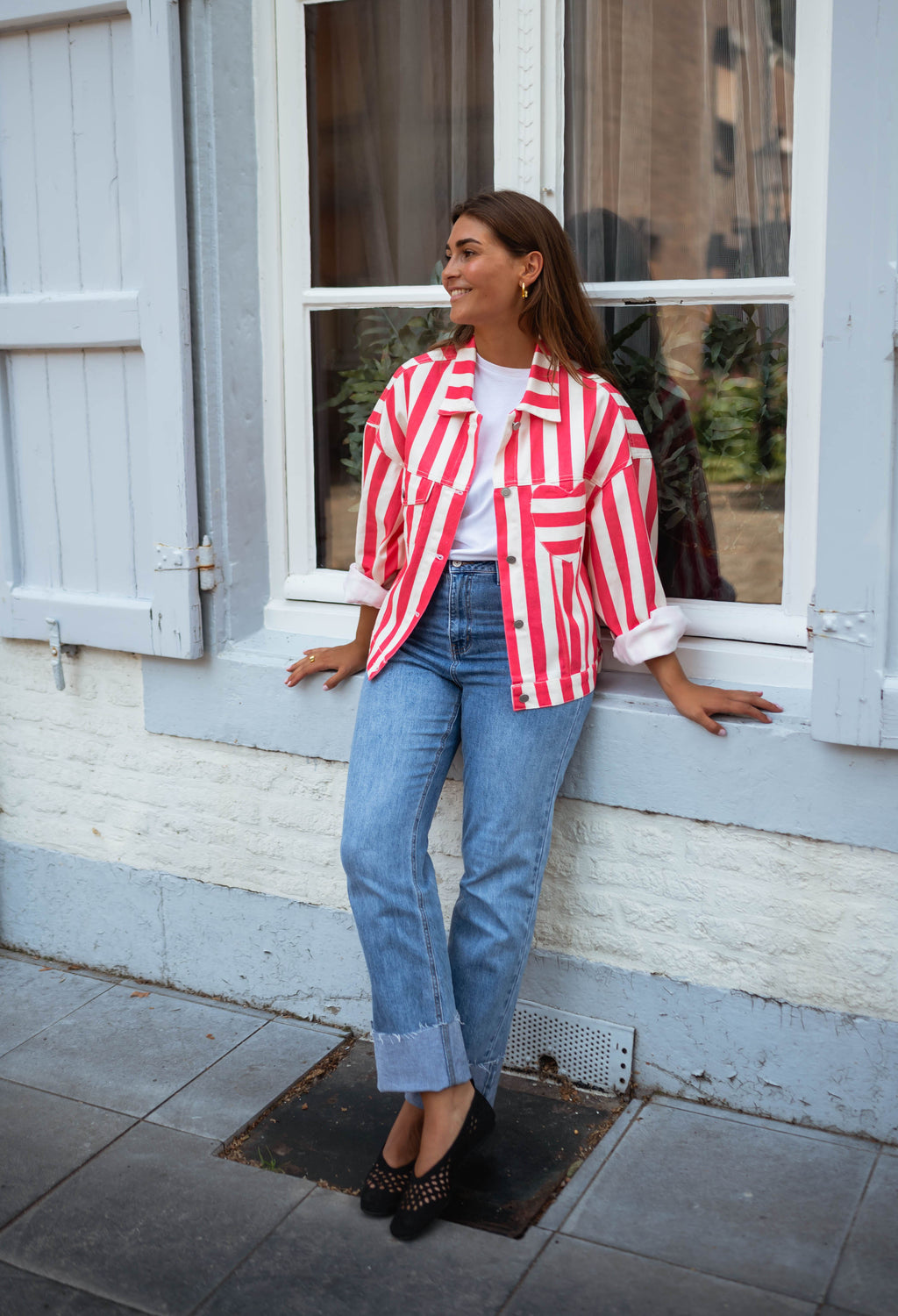 Balya jacket - Ecru and coral with lines 