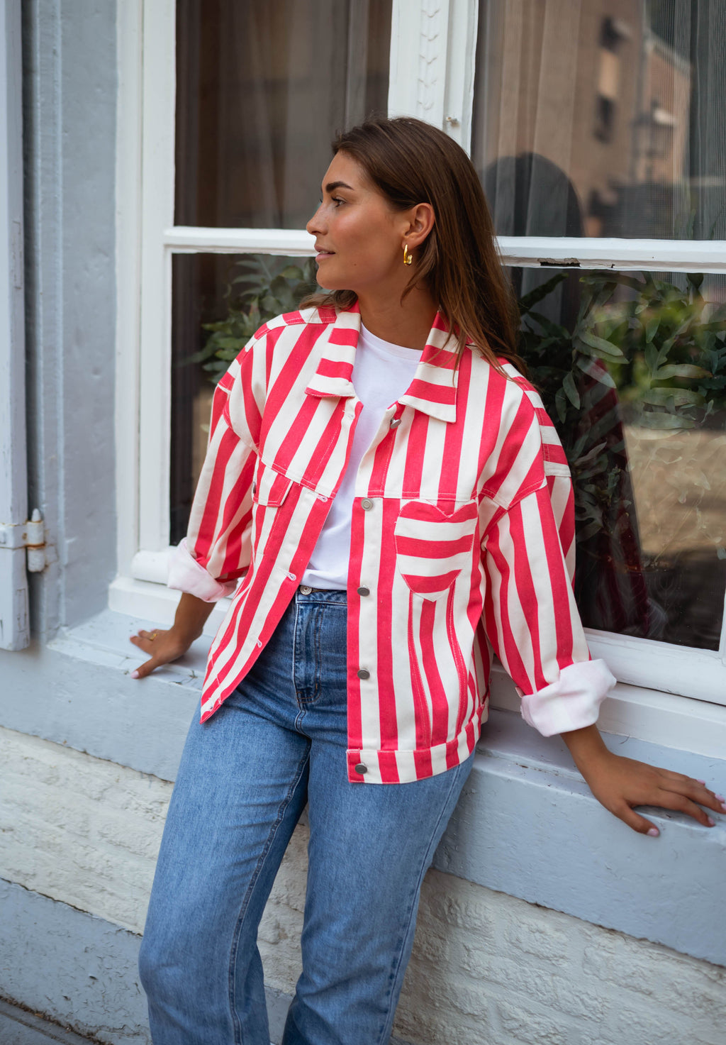 Balya jacket - Ecru and coral with lines 