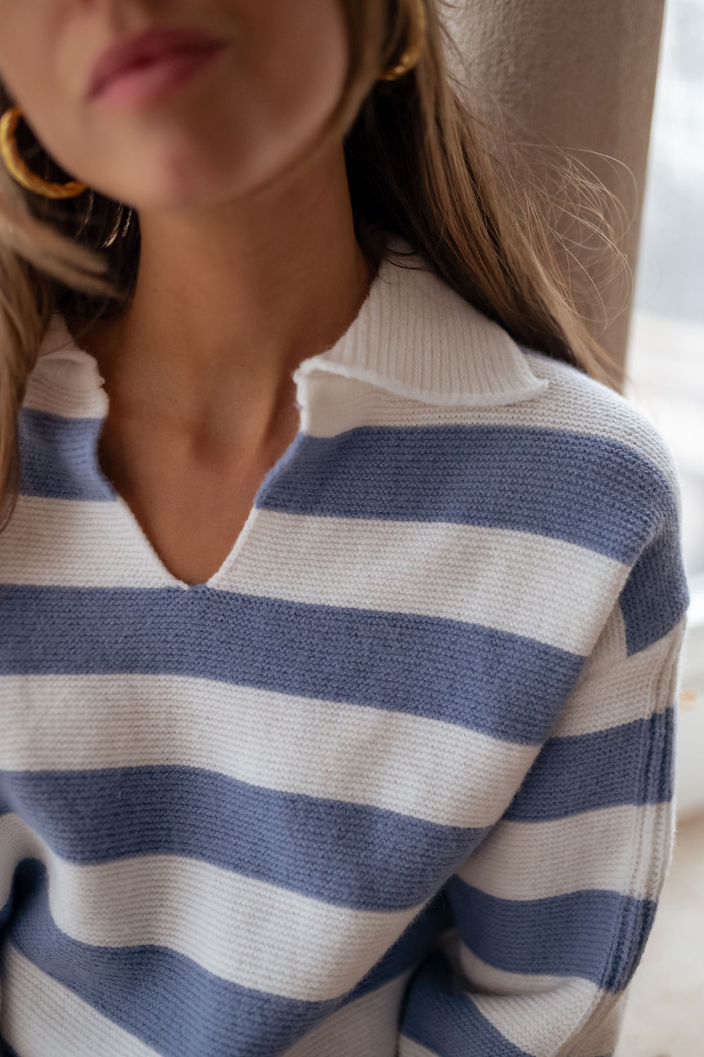 Conor Sweater with lines - Blue and ecru