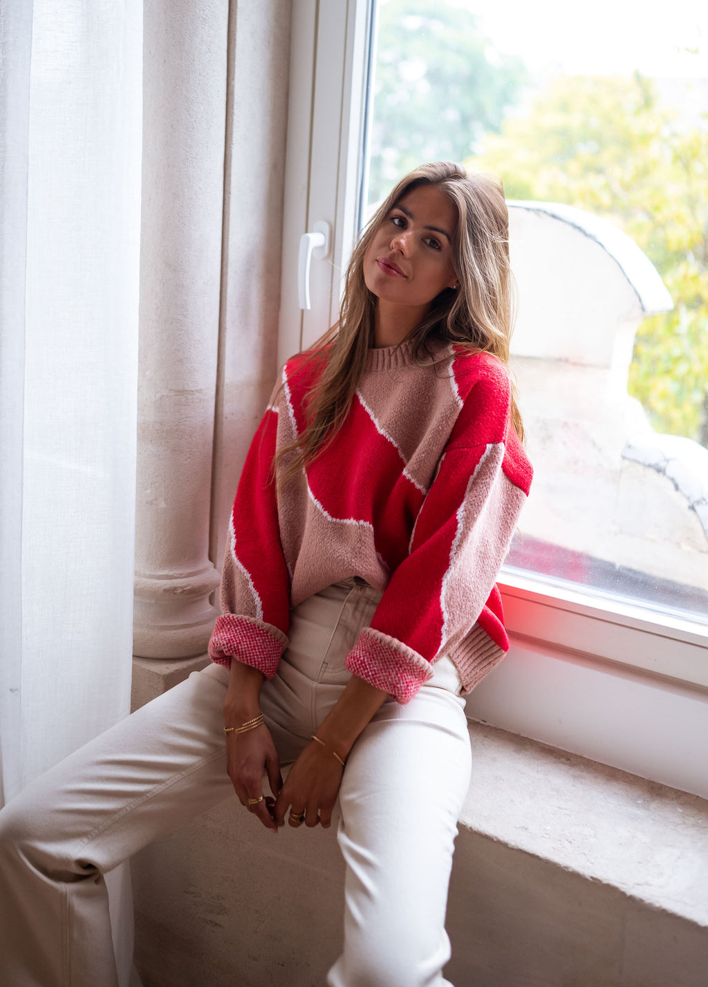 Pull Maleka - rouge et vieux rose