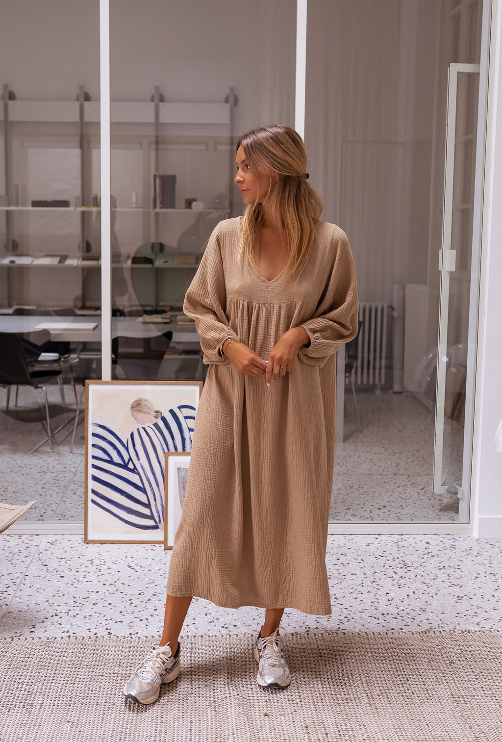 Dress Nolan - camel in coton gauze