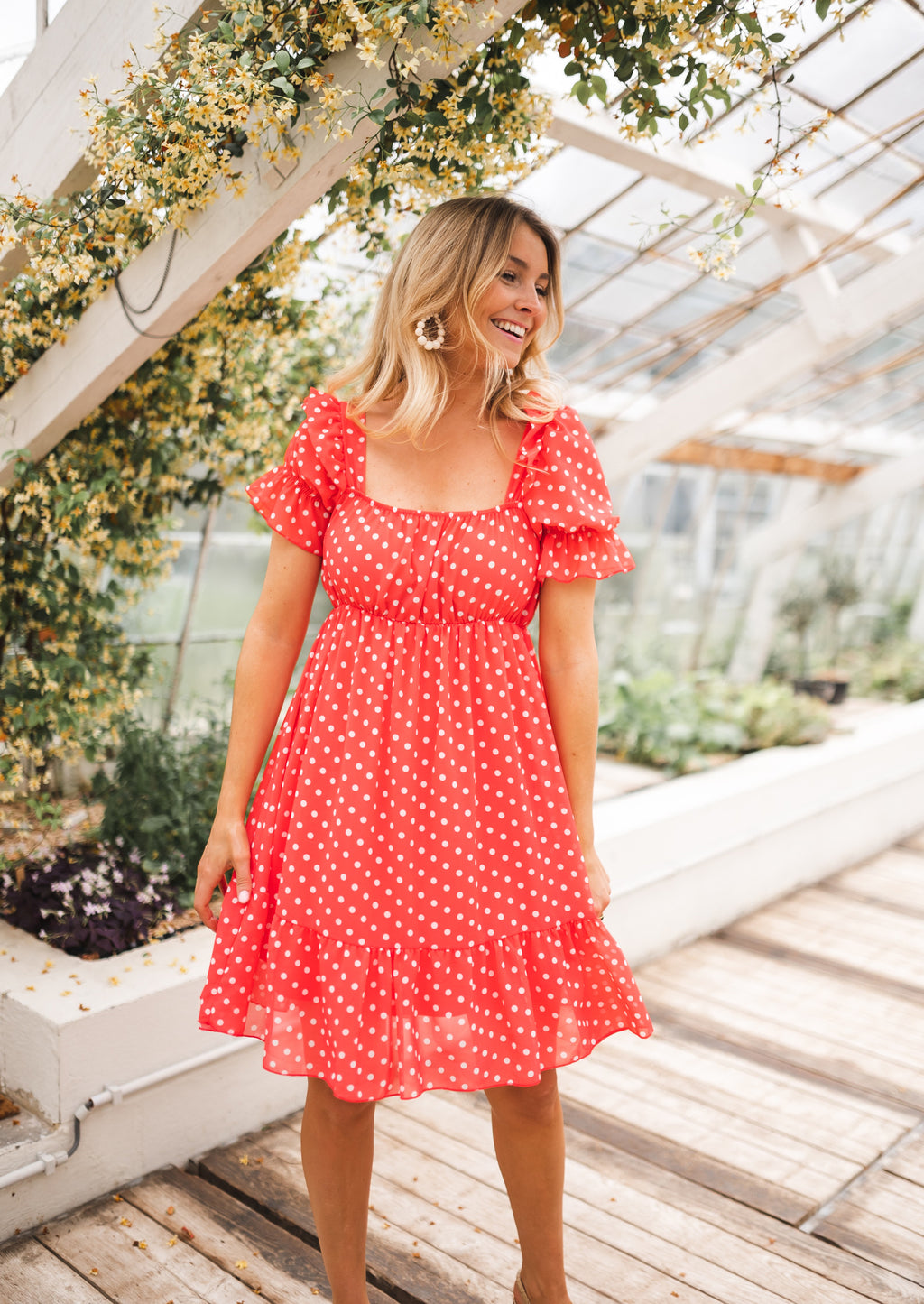 Talou dress with white polka dots - Coral 